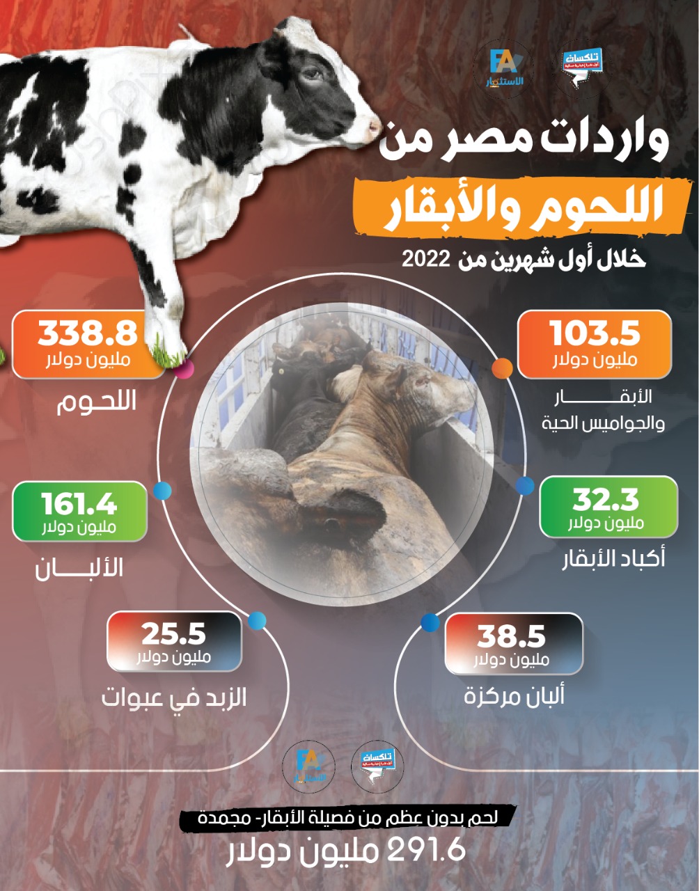 إنفوجرافيك|| واردات مصر من اللحوم والأبقار خلال أول شهرين من 2022